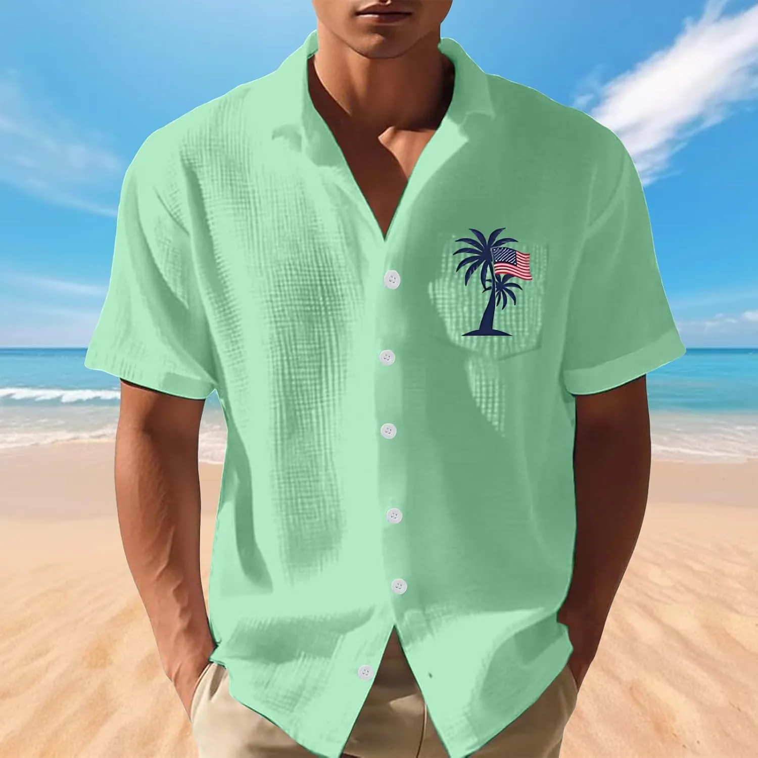 Men's Short Sleeve Button Down Shirt Summer Untucked Regular Fit Beach Dress Shirts with Pocket Linen Shirts for Men