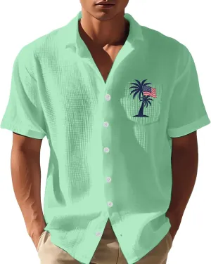 Men's Short Sleeve Button Down Shirt Summer Untucked Regular Fit Beach Dress Shirts with Pocket Linen Shirts for Men