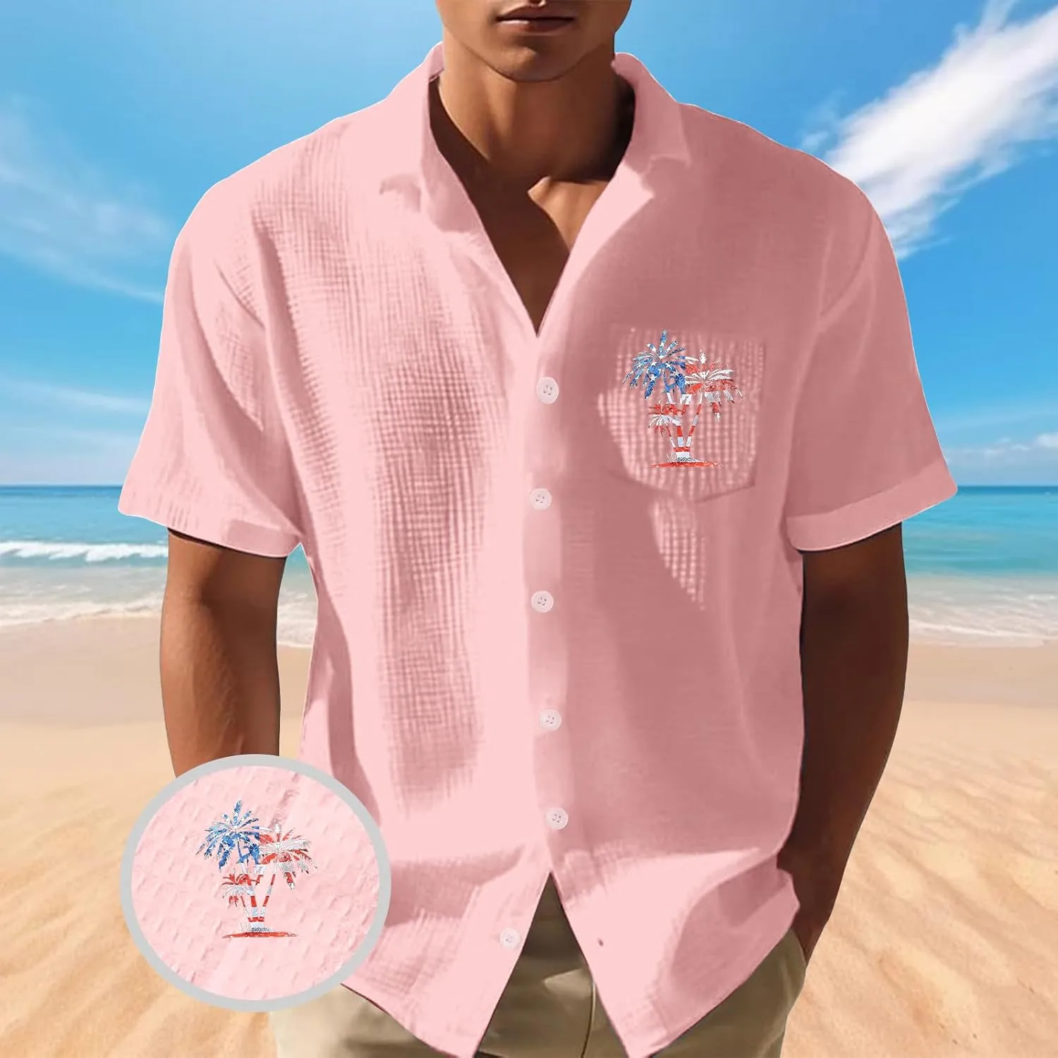 Men's Short Sleeve Linen Button Down Printed Shirt Men Summer Untucked Regular Fit Beach Dress Shirts Mens Hawaiian
