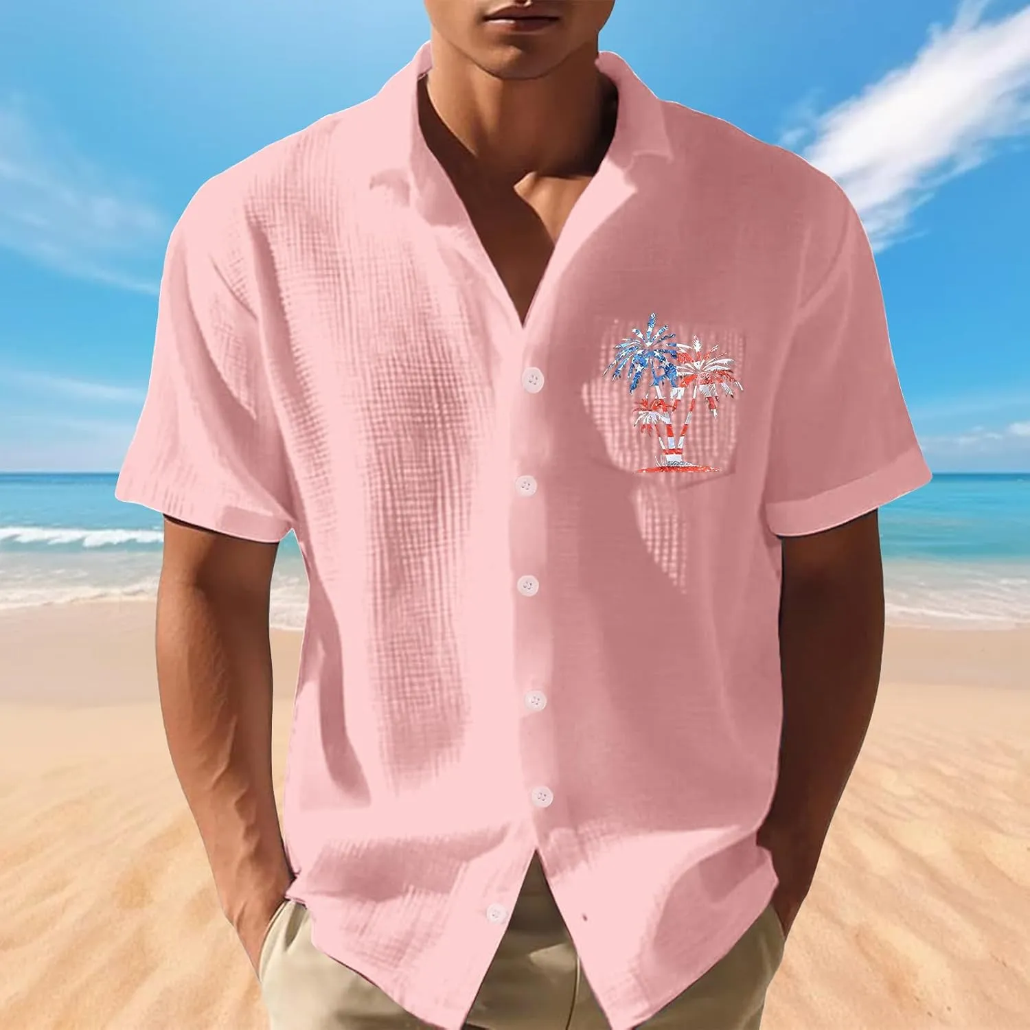 Men's Short Sleeve Linen Button Down Printed Shirt Men Summer Untucked Regular Fit Beach Dress Shirts Mens Hawaiian
