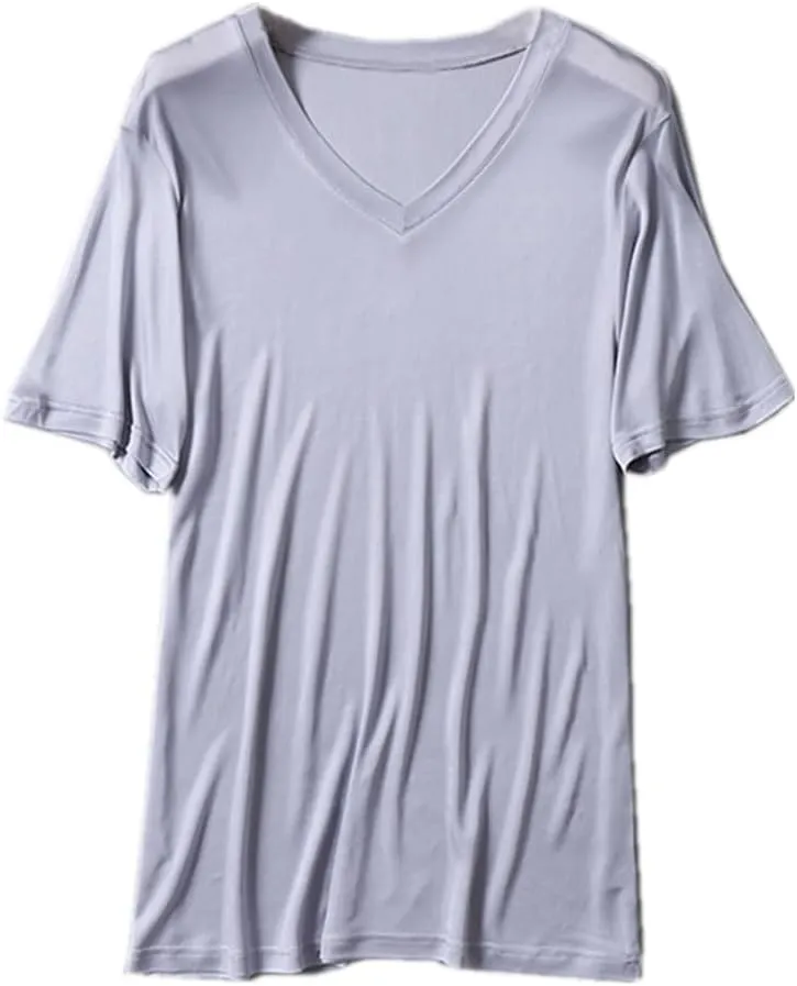 Mens Short Sleeve Shirt V-Neck T-Shirt Mulberry Silk Tees Undershirts for Men Soft Comfortable Fit