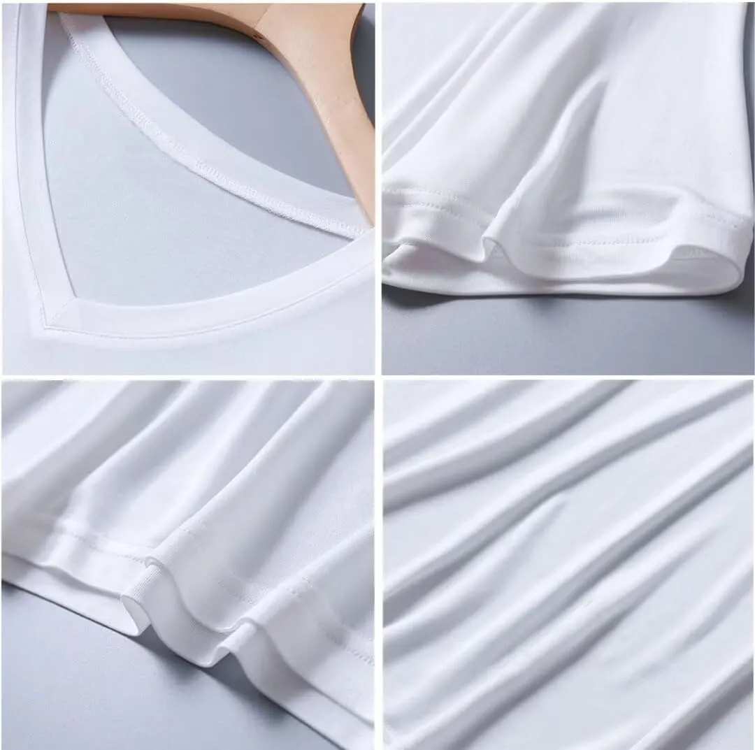 Mens Short Sleeve Shirt V-Neck T-Shirt Mulberry Silk Tees Undershirts for Men Soft Comfortable Fit