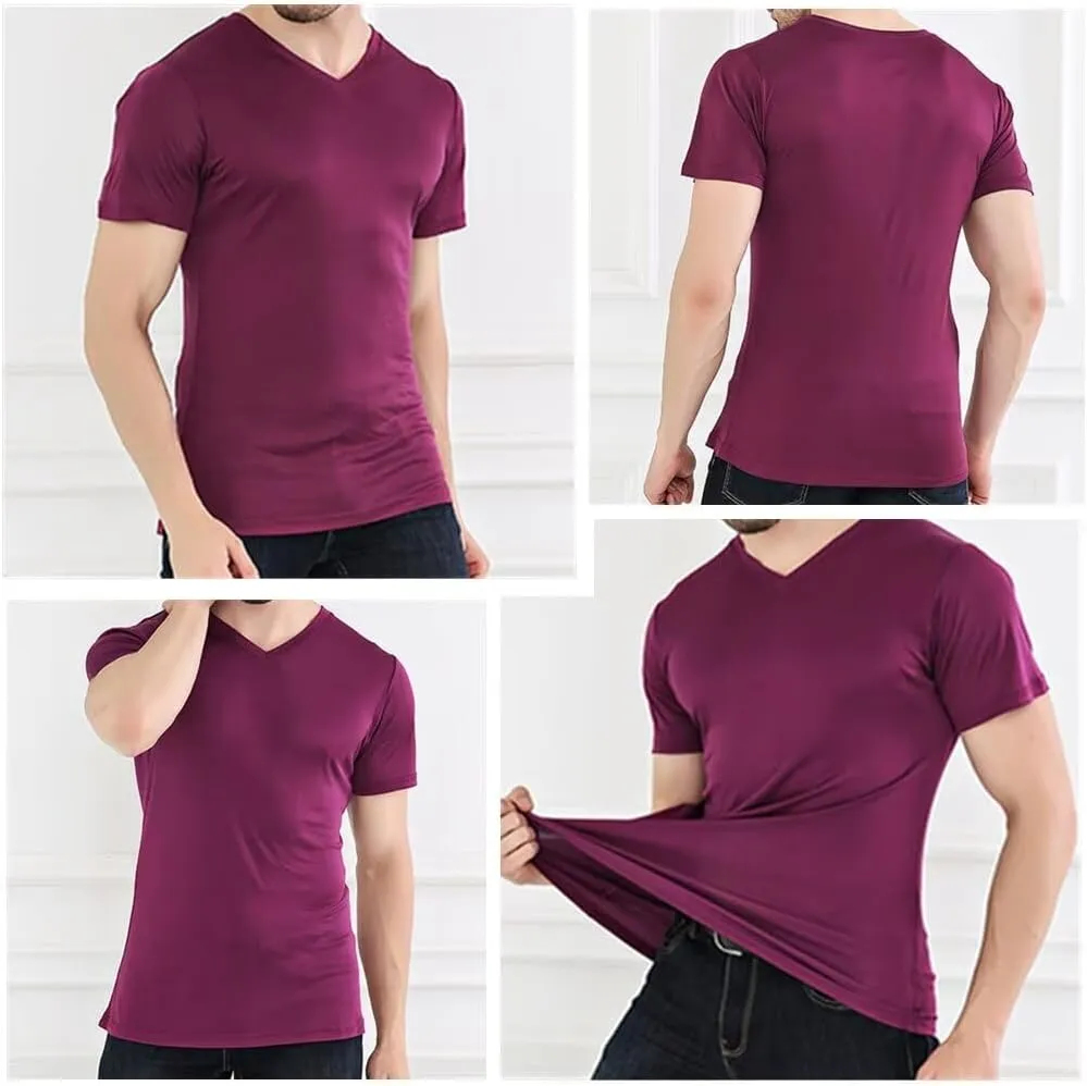 Mens Short Sleeve Shirt V-Neck T-Shirt Mulberry Silk Tees Undershirts for Men Soft Comfortable Fit