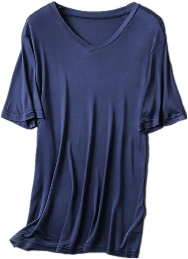 Mens Short Sleeve Shirt V-Neck T-Shirt Mulberry Silk Tees Undershirts for Men Soft Comfortable Fit