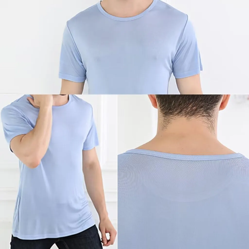 Mens Silk T-Shirt Short Sleeve Shirt for Men Crew Neck Tees Undershirts Soft Comfortable Fit