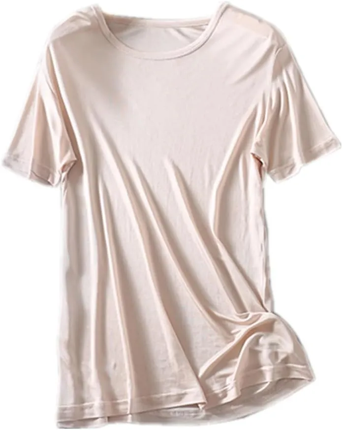 Mens Silk T-Shirt Short Sleeve Shirt for Men Crew Neck Tees Undershirts Soft Comfortable Fit