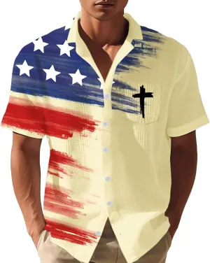 Men's USA Flag Cross Shirt Button Down Shirts Christian Shirt 4th of July Independence Day Print Tshirt Big Top