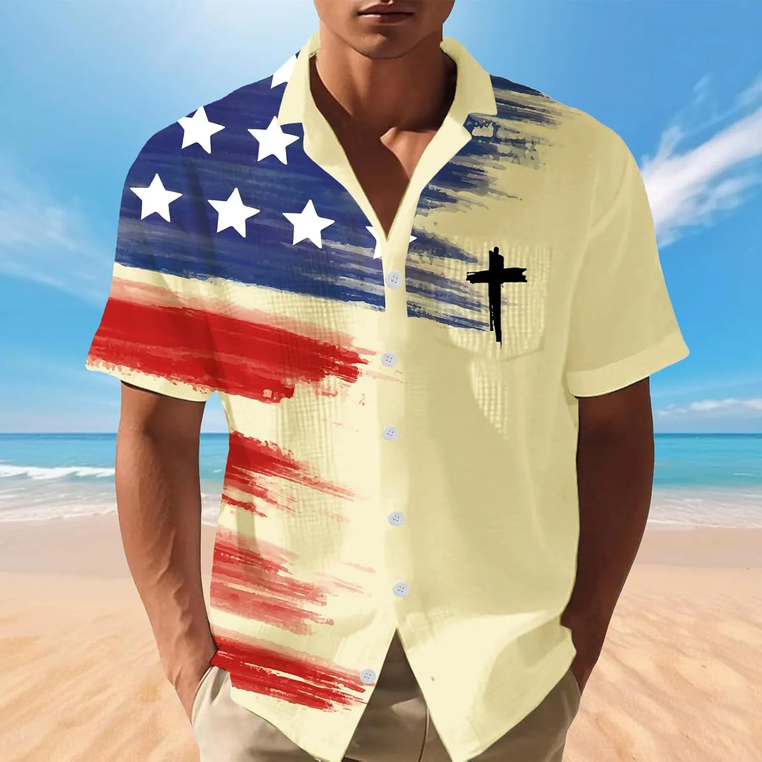 Men's USA Flag Cross Shirt Button Down Shirts Christian Shirt 4th of July Independence Day Print Tshirt Big Top