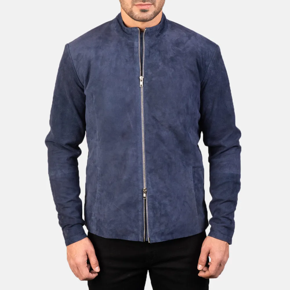 Navy Blue Leather Biker Jacket