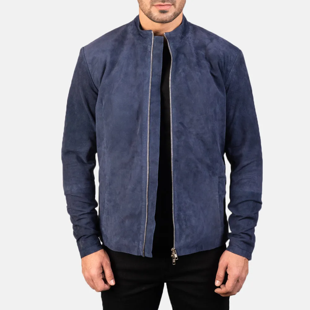 Navy Blue Leather Biker Jacket