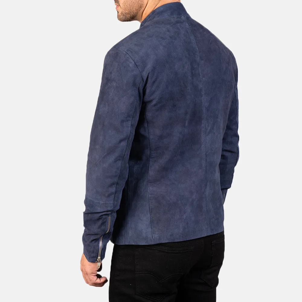 Navy Blue Leather Biker Jacket