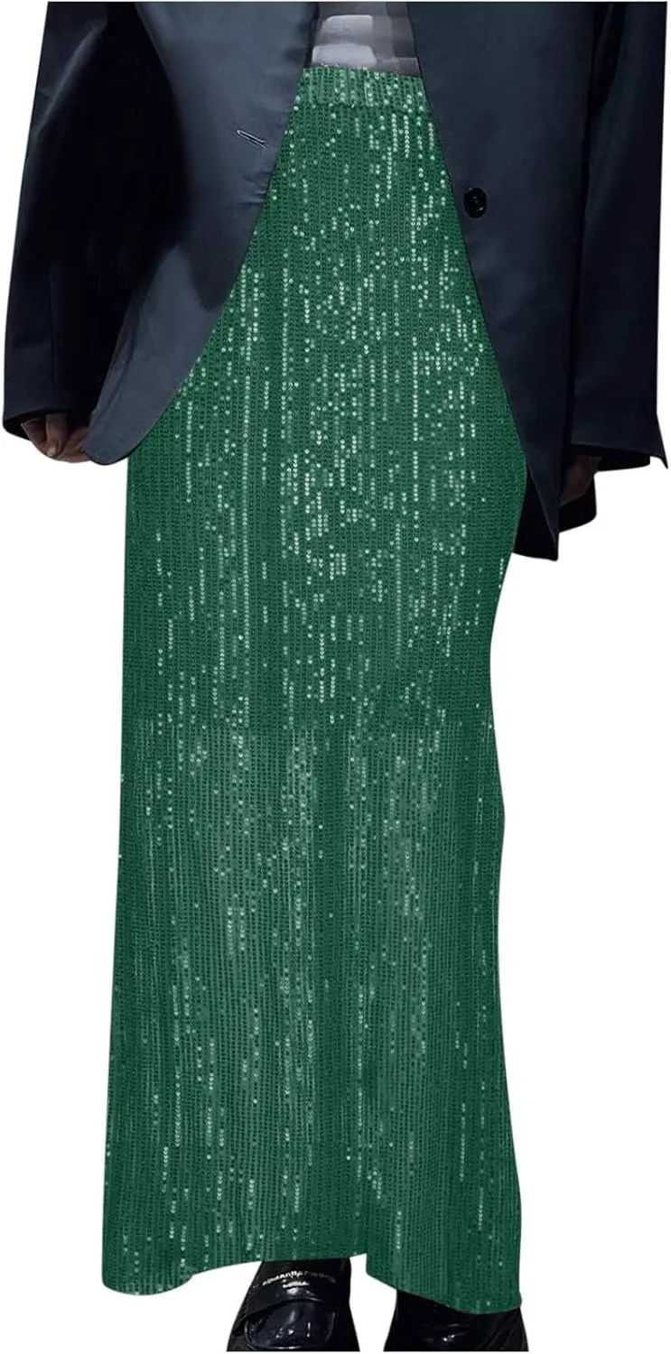 Oplxuo Women's Sequin Skirts Sparkly Glitter High Waisted Stretch Bodycon Maxi Skirts Elegant Cocktail Party Skirt Clubwear