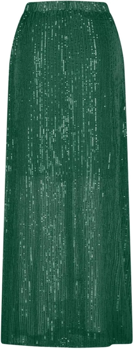 Oplxuo Women's Sequin Skirts Sparkly Glitter High Waisted Stretch Bodycon Maxi Skirts Elegant Cocktail Party Skirt Clubwear