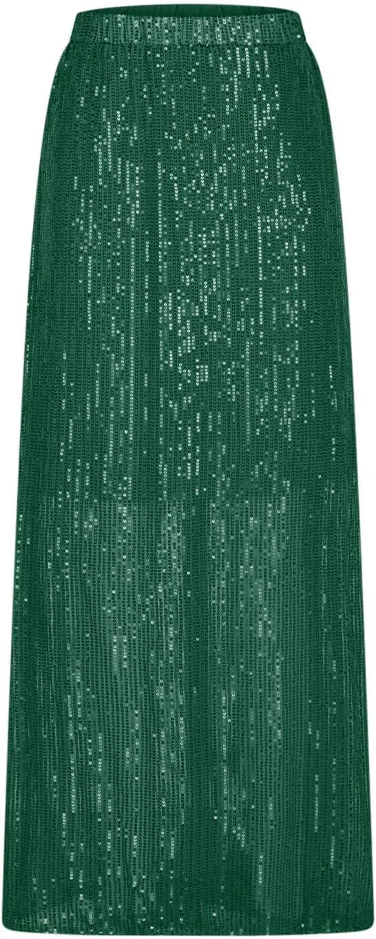 Oplxuo Women's Sequin Skirts Sparkly Glitter High Waisted Stretch Bodycon Maxi Skirts Elegant Cocktail Party Skirt Clubwear