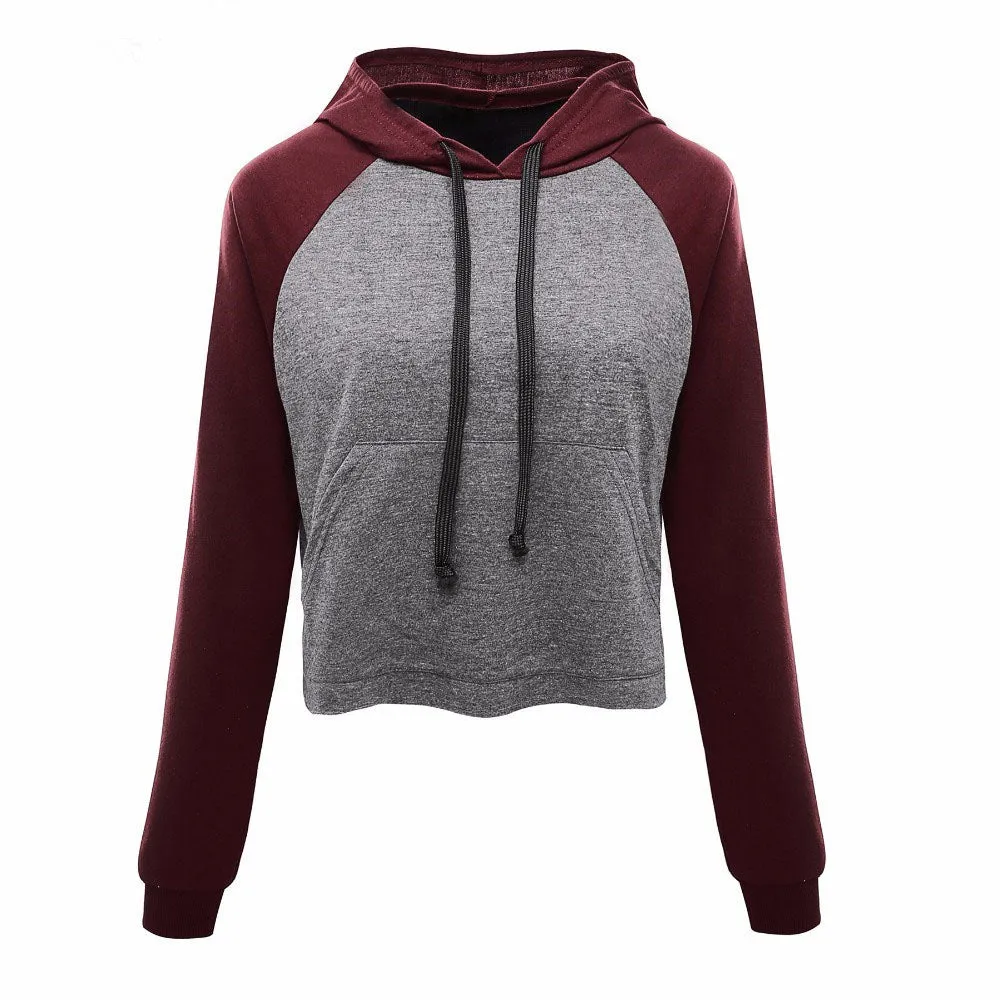 Patchwork High Neck Drawstring Slim Short Hoodie