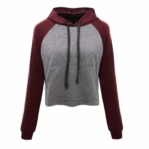 Patchwork High Neck Drawstring Slim Short Hoodie