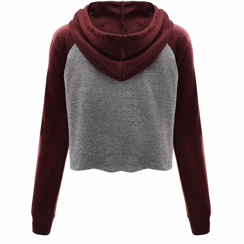 Patchwork High Neck Drawstring Slim Short Hoodie