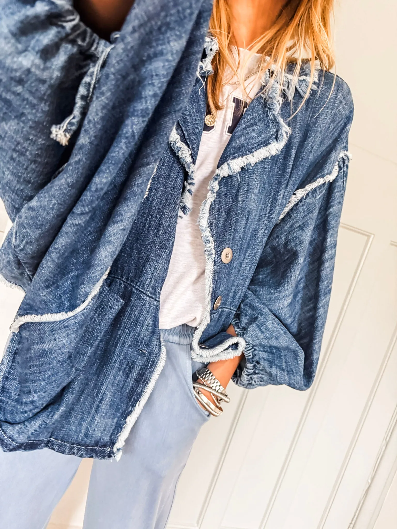 Raw Edge Batwing Denim Jacket