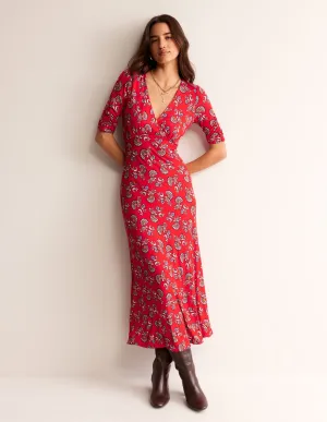 Rebecca Jersey Midi Tea Dress-Flame Scarlet, Botanical Bunch