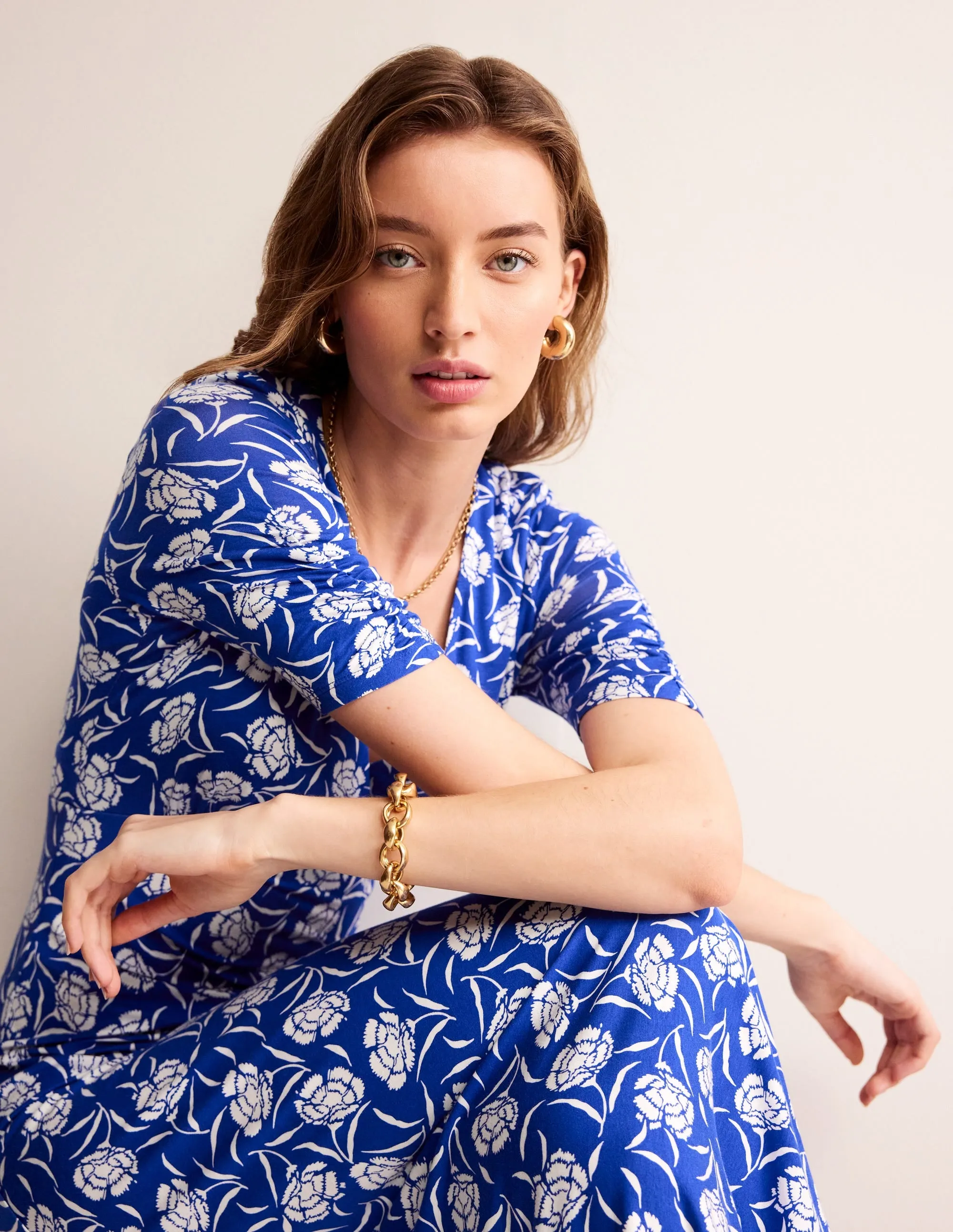 Rebecca Jersey Midi Tea Dress-Surf The Web, Peony Sprig
