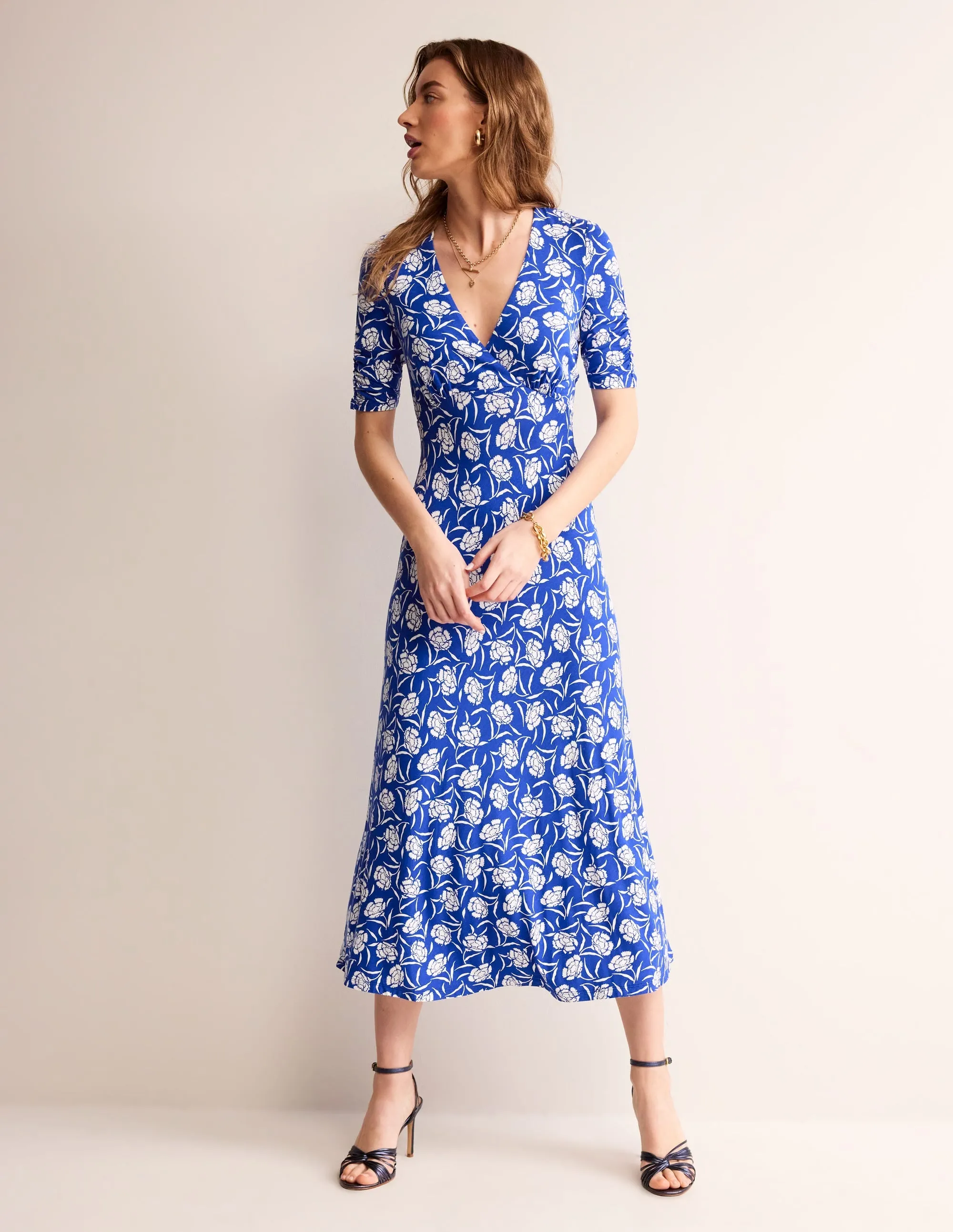 Rebecca Jersey Midi Tea Dress-Surf The Web, Peony Sprig