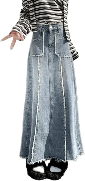Retro Fringed Split Denim Skirt for Women, high Waisted and Slimming A-line Skirt, Versatile Long Skirt