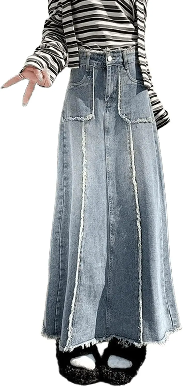 Retro Fringed Split Denim Skirt for Women, high Waisted and Slimming A-line Skirt, Versatile Long Skirt