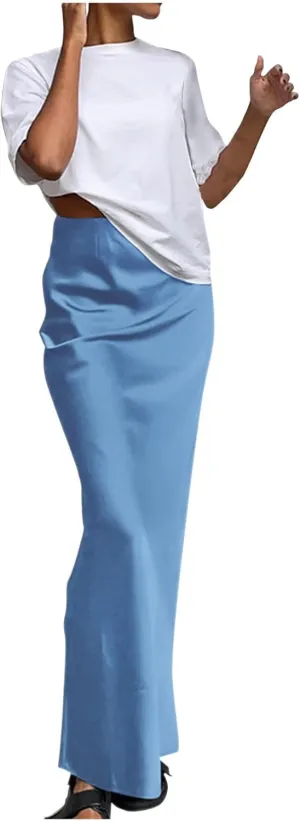 Satin Maxi Skirt for Women High Waist Silky Elegant Zipper Ankle Length Slim Solid Color Bodycon Fishtail Skirts