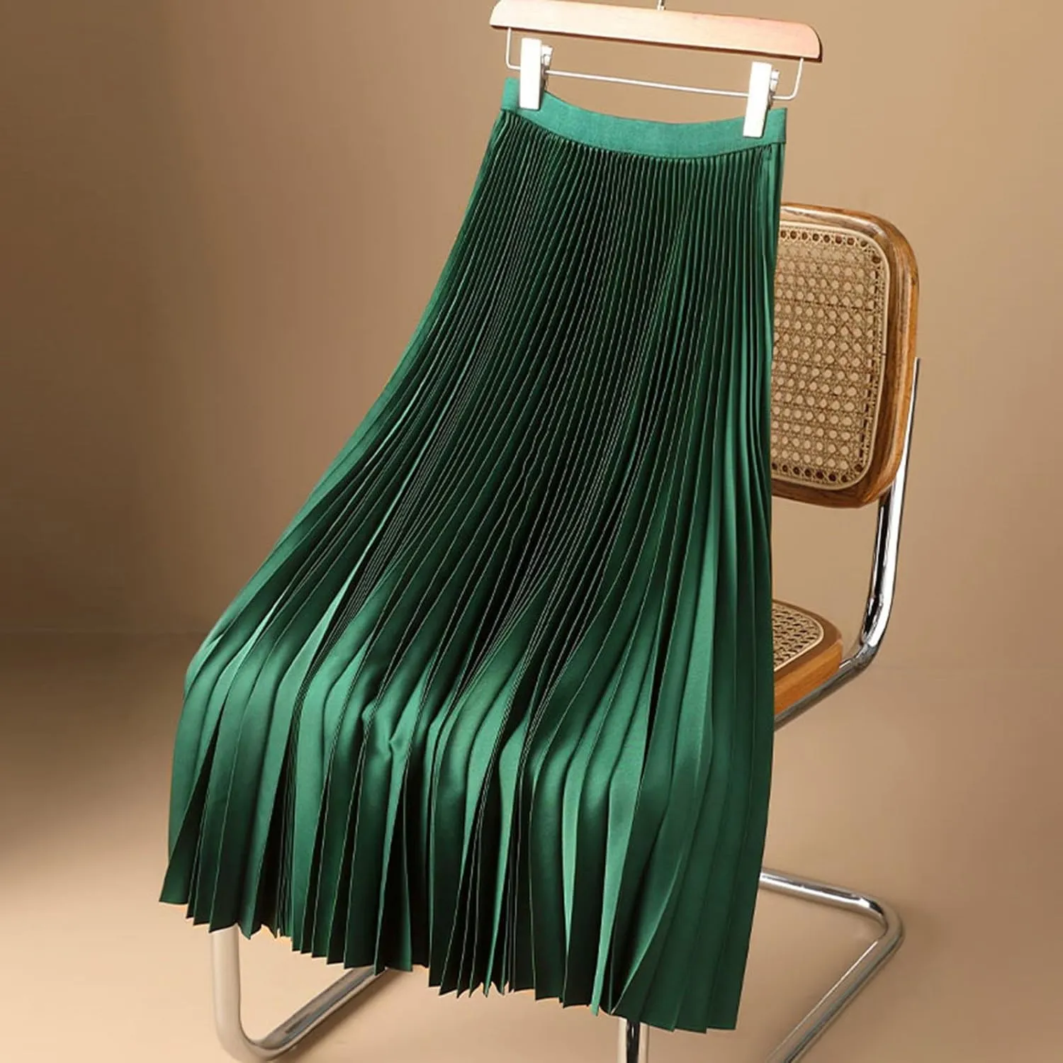 Satin Pleated Skirts for Women High Waisted Elegant Dress Midi Length Flowy Skirt with Lightweight Elastic Waistband