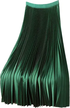 Satin Pleated Skirts for Women High Waisted Elegant Dress Midi Length Flowy Skirt with Lightweight Elastic Waistband