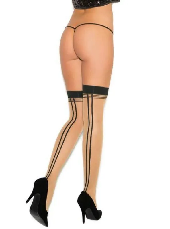 Sheer Multiple Stripe Top Thigh High Stocking w/ Double Back Seam