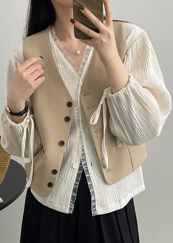 Simple Versatile Khaki V Neck Button Vest Tops Sleeveless WD009