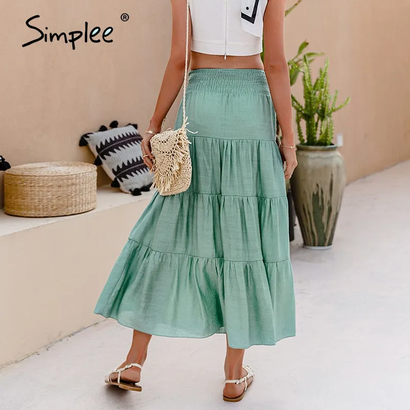 Simplee Casual solid women a line long skirts summer Elegant elastic