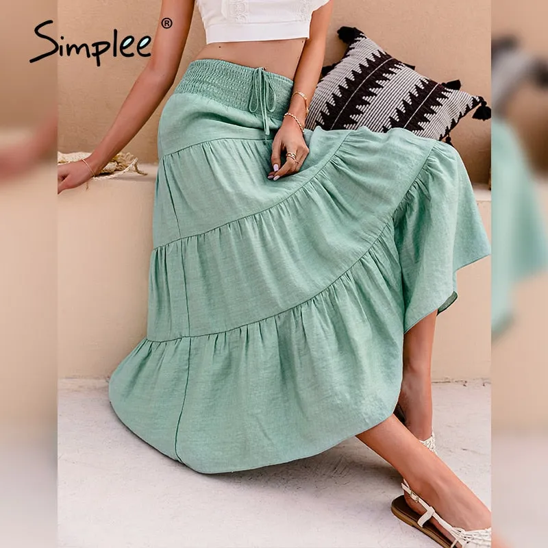 Simplee Casual solid women a line long skirts summer Elegant elastic