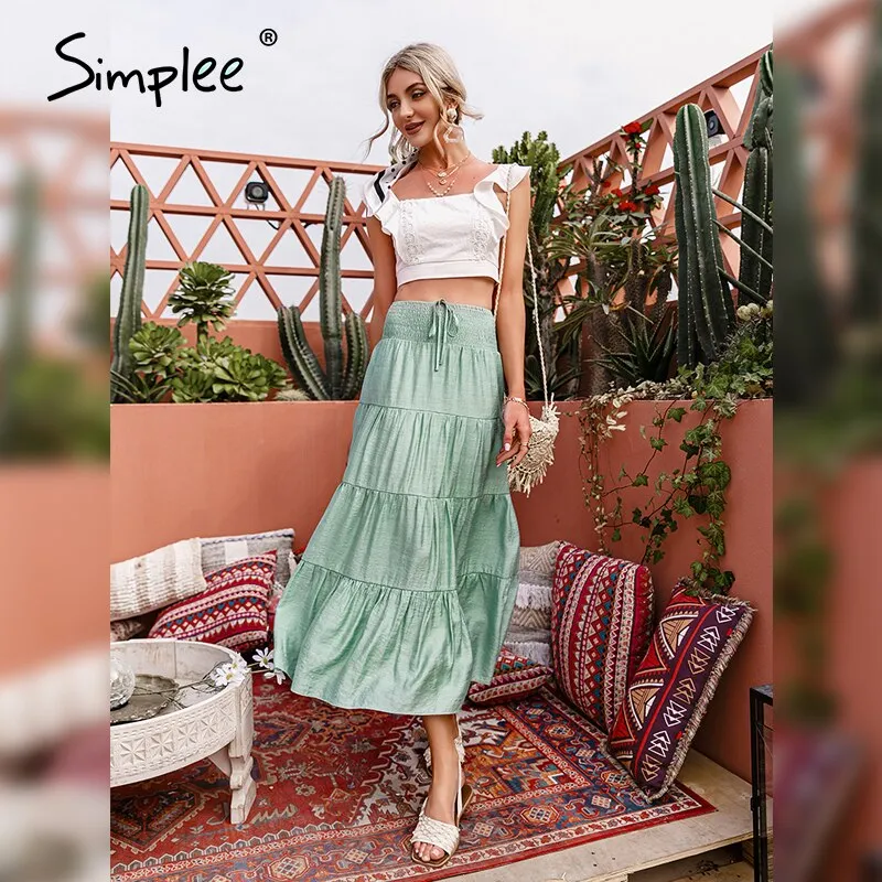 Simplee Casual solid women a line long skirts summer Elegant elastic