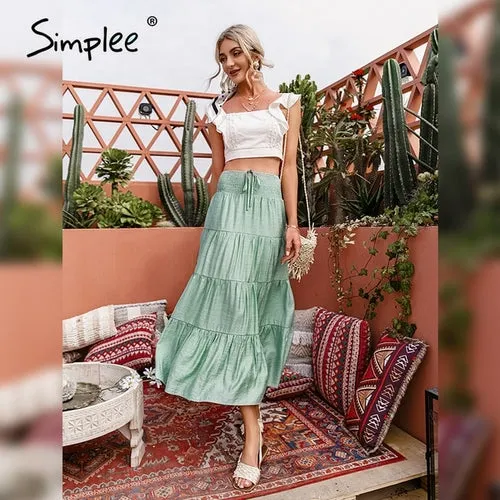 Simplee Casual solid women a line long skirts summer Elegant elastic