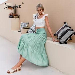 Simplee Casual solid women a line long skirts summer Elegant elastic