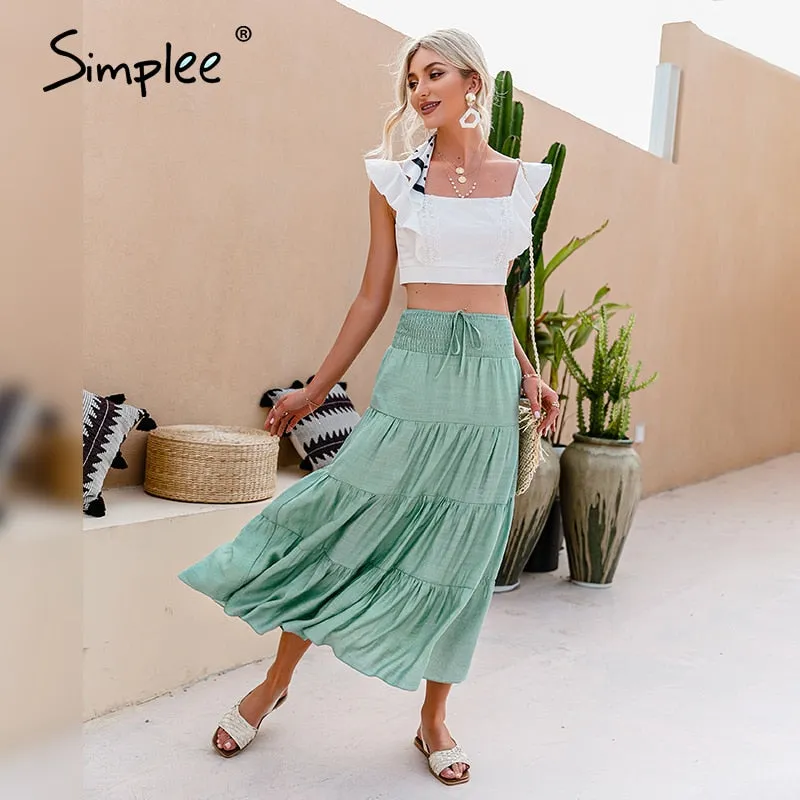 Simplee Casual solid women a line long skirts summer Elegant elastic
