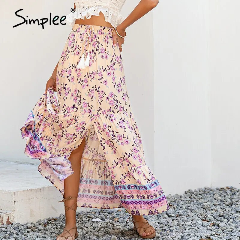Simplee Printed summer holiday long skirts Elegant boho print high
