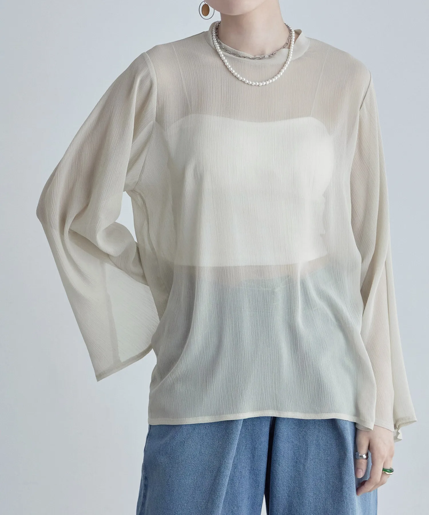Slit sleeve pleats sheer tops