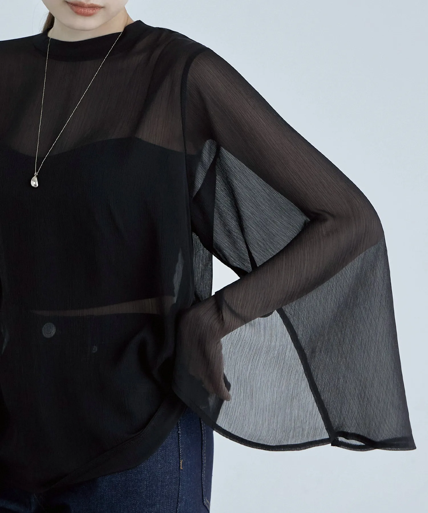 Slit sleeve pleats sheer tops