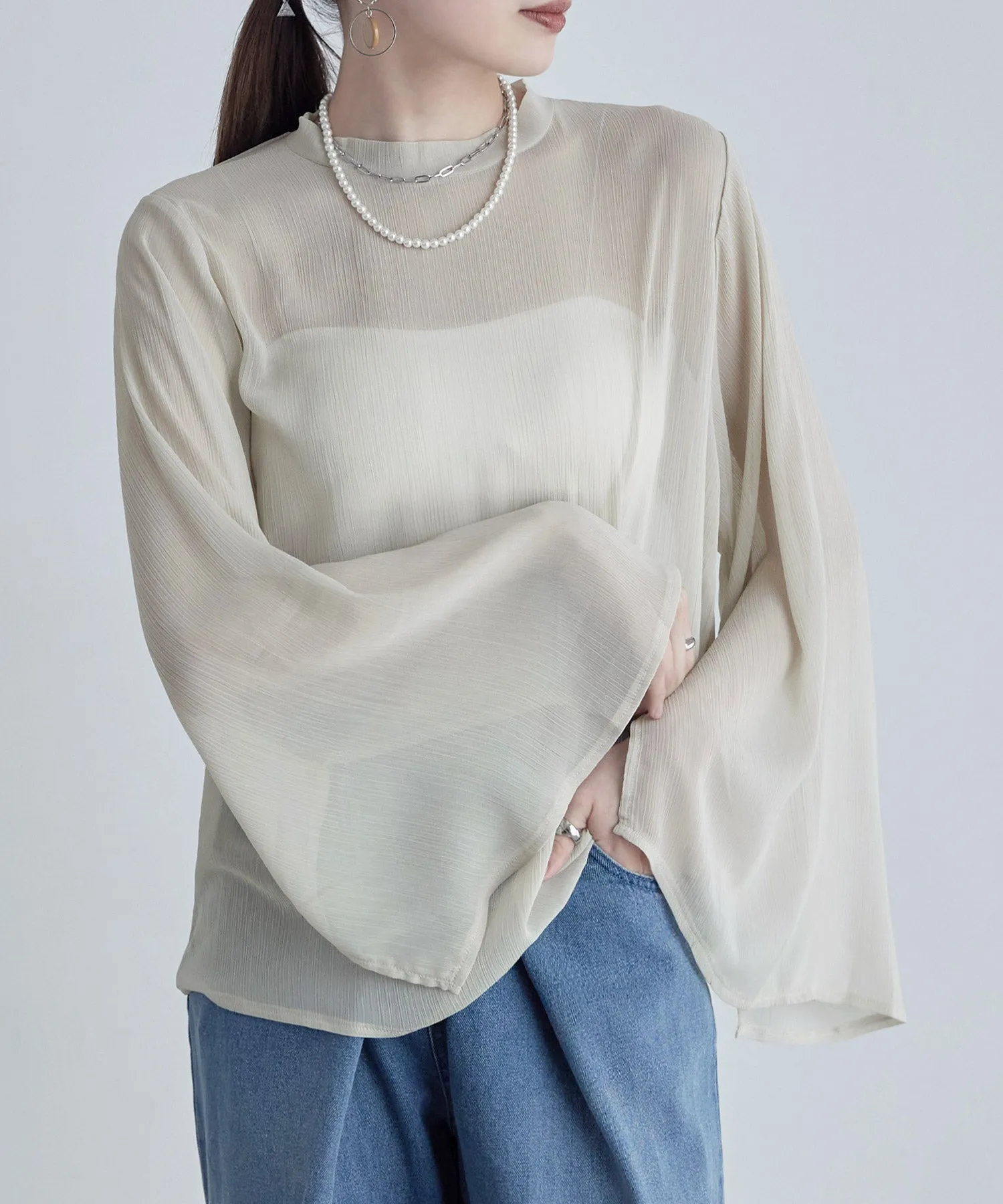 Slit sleeve pleats sheer tops
