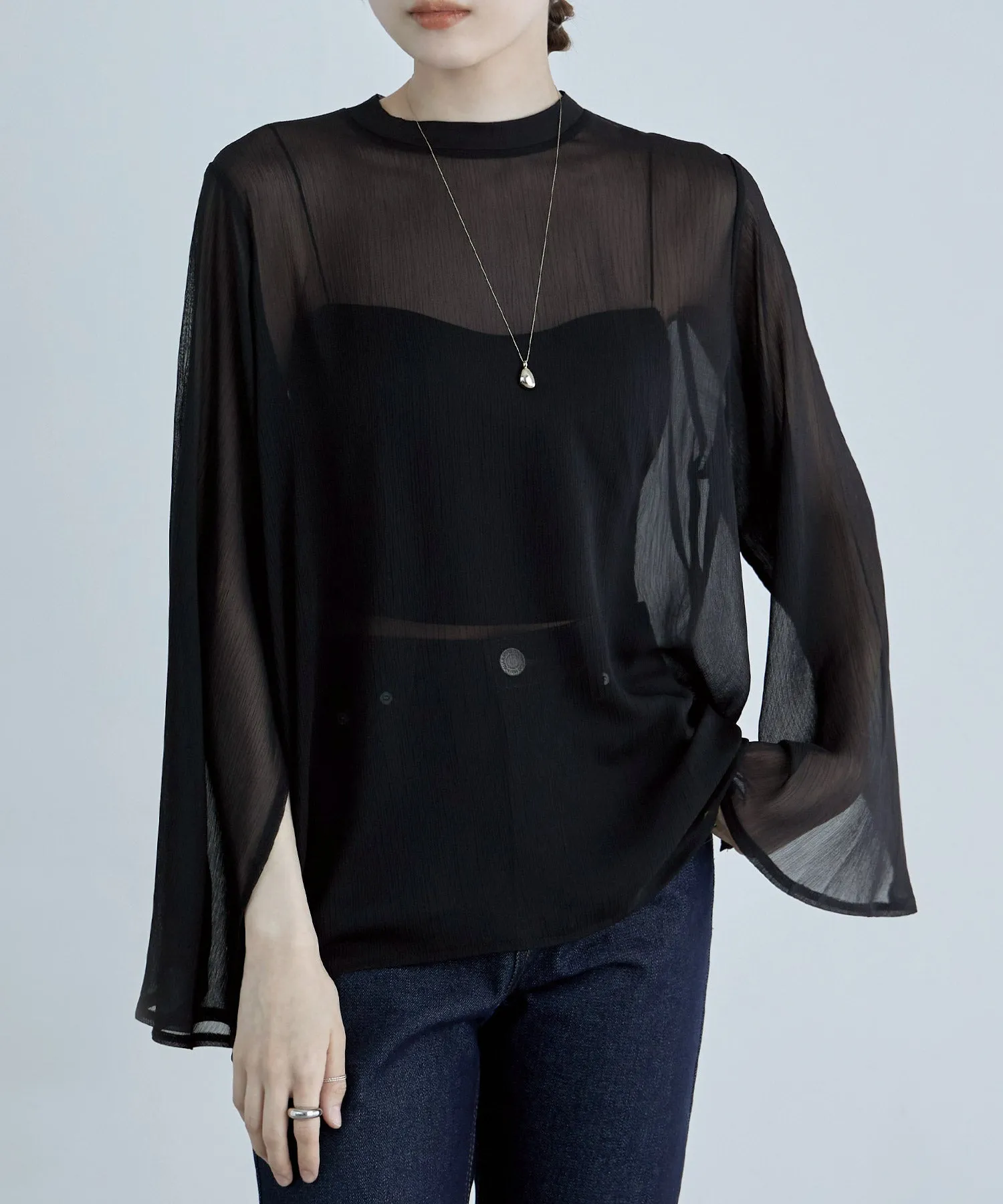 Slit sleeve pleats sheer tops