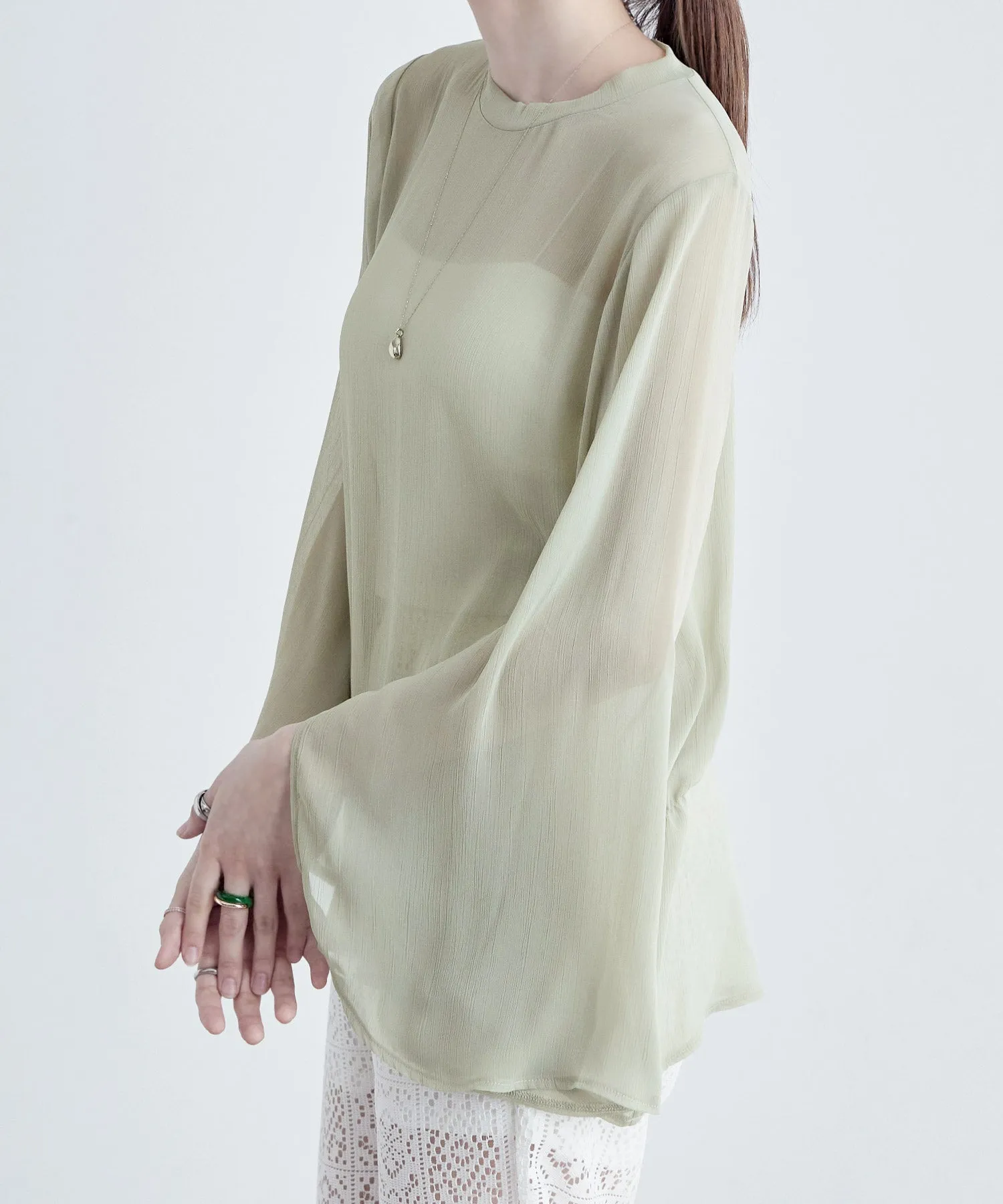 Slit sleeve pleats sheer tops