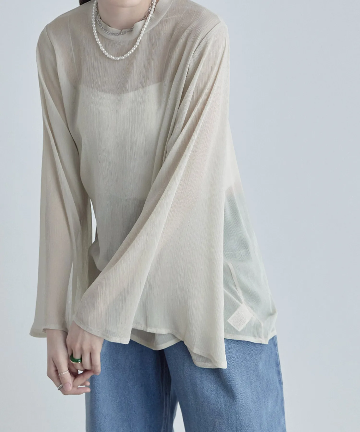 Slit sleeve pleats sheer tops