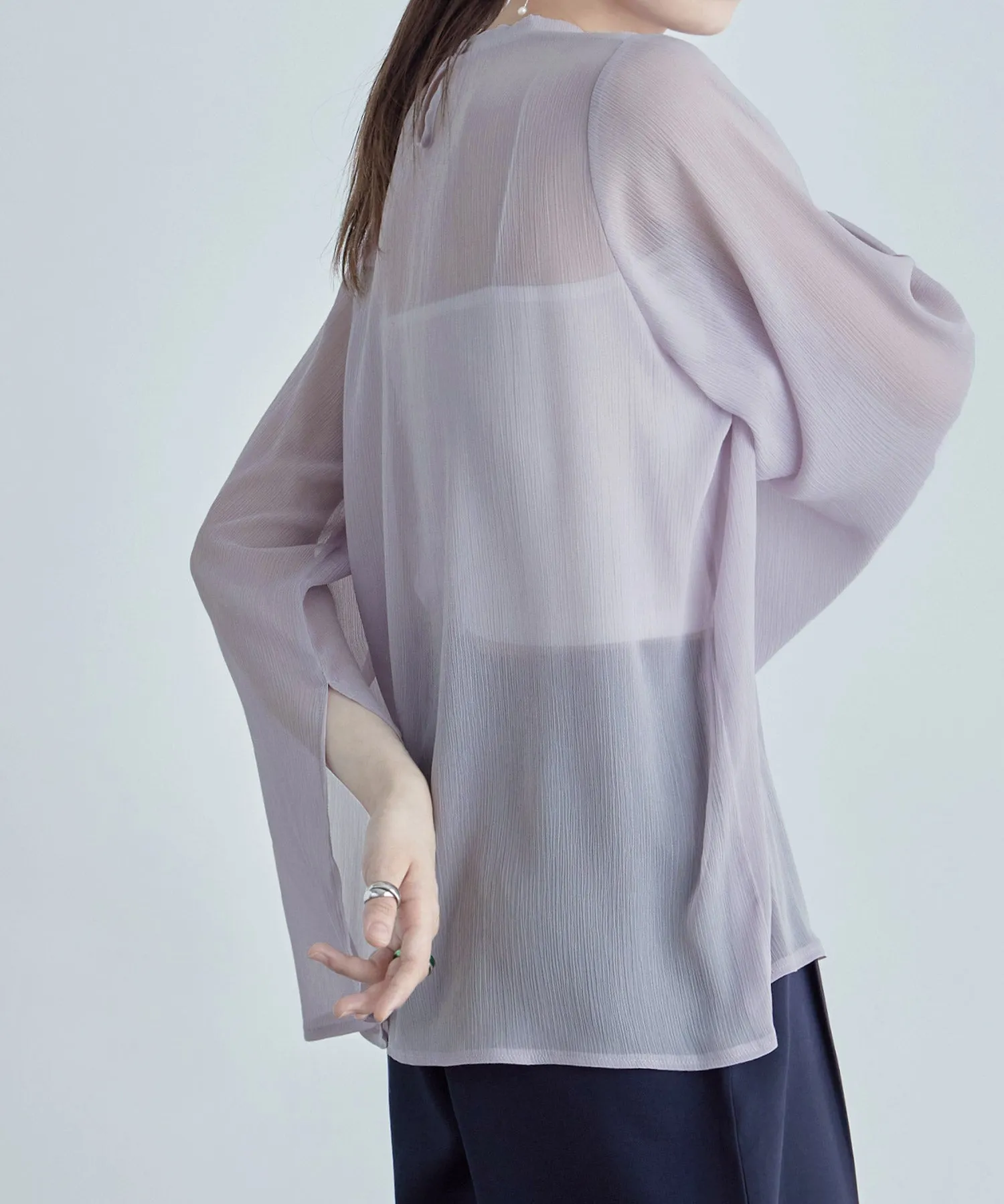 Slit sleeve pleats sheer tops