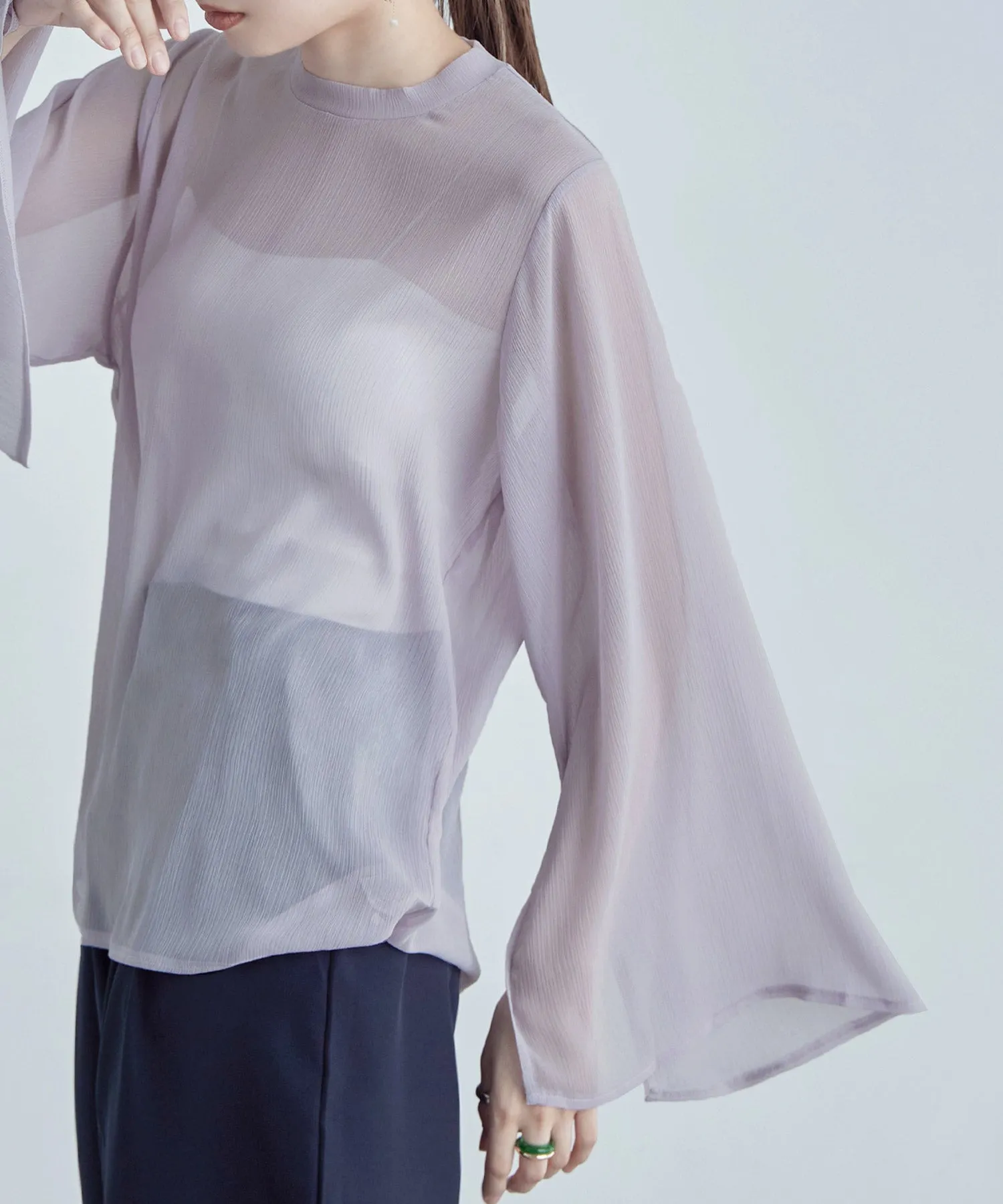 Slit sleeve pleats sheer tops