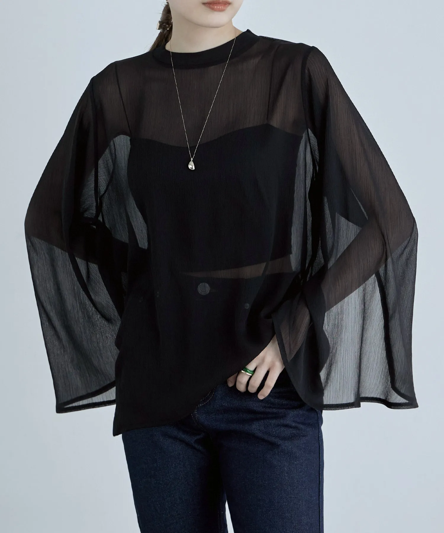 Slit sleeve pleats sheer tops