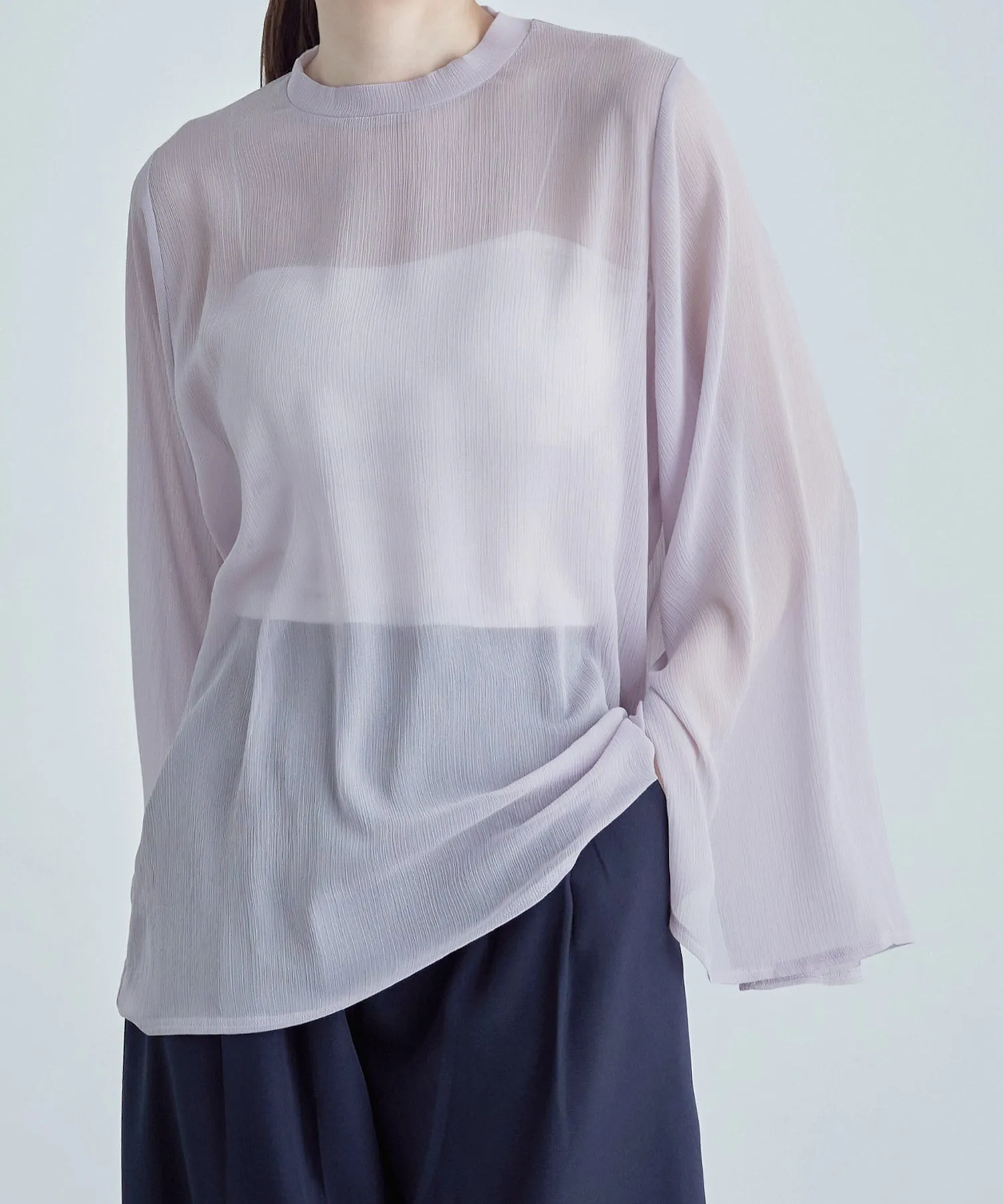 Slit sleeve pleats sheer tops