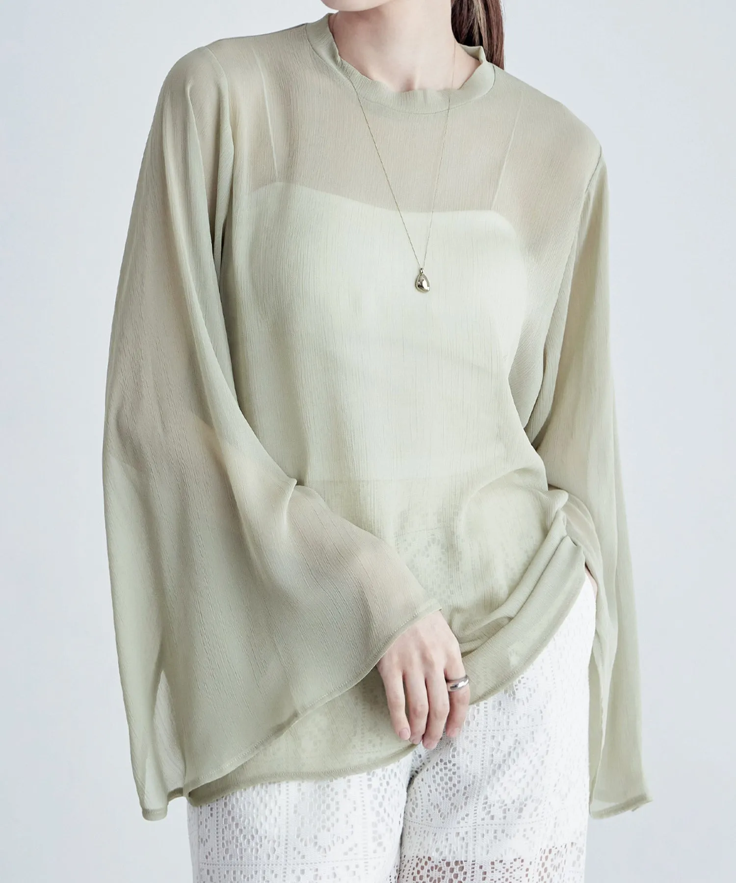 Slit sleeve pleats sheer tops
